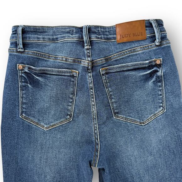 Judy Blue Kick Flare Jeans Women's Size 7 28 Medium Wash Raw Hem Stretch Denim - Picture 6 of 9